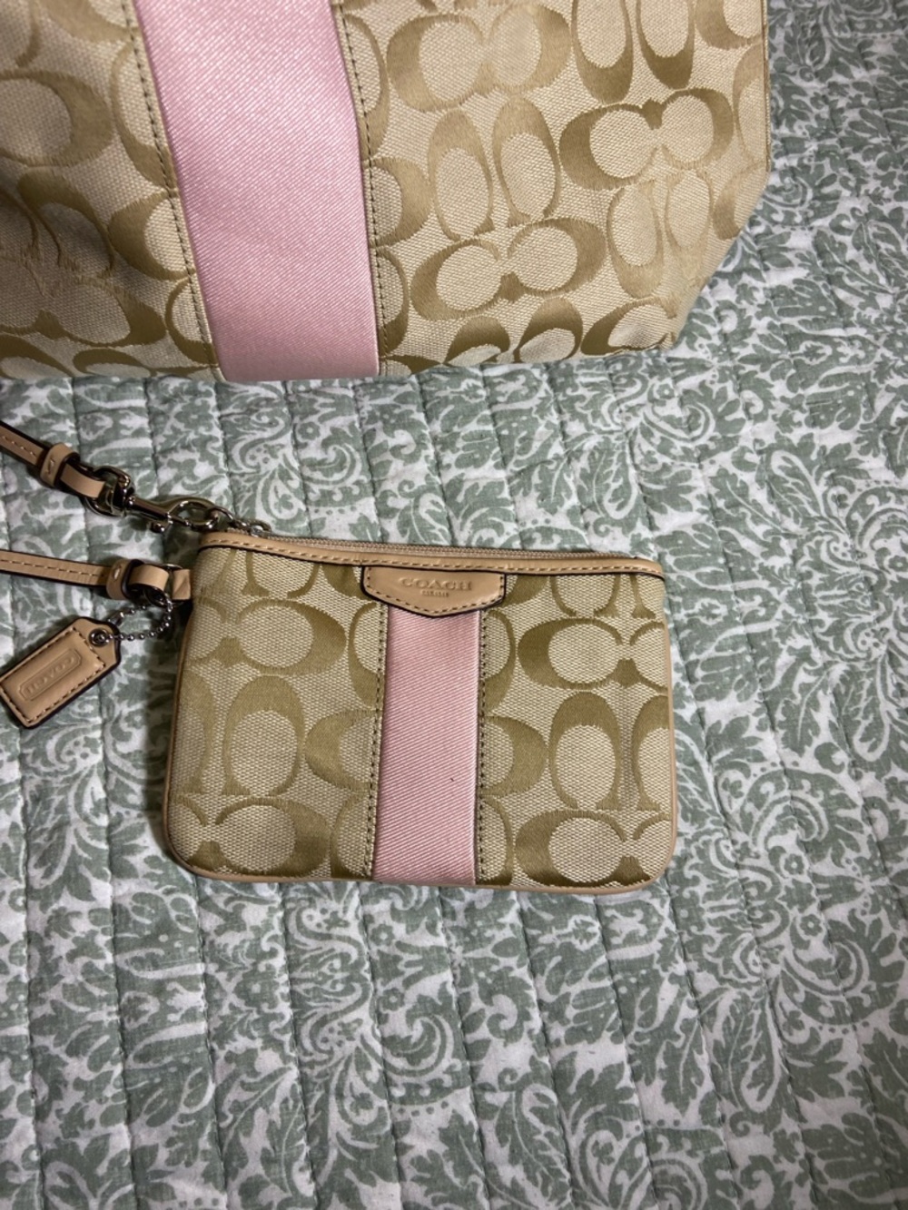 Coach Beige Signature Canvas Tote with Pink Center Stripe and Wristlet - Picture 5 of 7